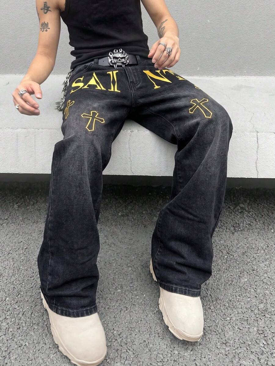 GALLERY FADE Men's Fashion Streetwear Gothic Cross Embroidered Black Washed Denim Straight Wide Leg Pants - Black - View 1