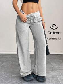 SHEIN PETITE Celana Sweatpants Wanita Rajut Polos Nyaman dan Kasual dengan Pinggang Rendah dan Kaki Lebar, untuk Wanita Bertubuh Mungil - Grey - View 6