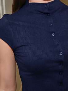 Bris Aura Women's Navy Blue Summer Casual Everyday Mock Neck Top,Capped Sleeve Single-Breasted Button Up Jersey Shirt,Solid Color Fall Winter Fleece Sweater - Navy Blue - View 3