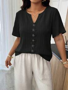 Weeklong Blusa holgada de manga corta con volantes y parches florales para mujer talla grande, primavera/verano - Negro - Ver 7