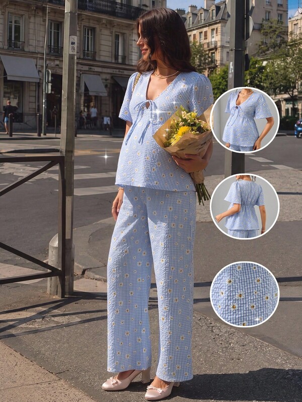 SHEIN Summer 2pcs/Set Lace-Up Plaid Top & Loose Wide Leg Pants Casual Comfortable Maternity,Summer Holiday Outfits For Women,Baby Shower Beach Vacation