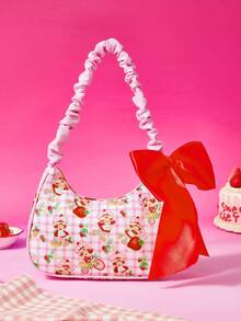 Strawberry Shortcake X SHEIN Tas Selempang Motif Gadis Stroberi dengan Tali Bergelombang & Dekorasi Pita, Tas Bahu Kotak-kotak Lucu untuk Penggunaan Sehari-hari - Berwarna merah muda - View 5