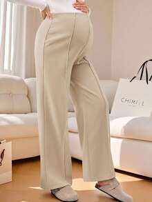 SHEIN Pantalones largos de maternidad de unicolor, casuales y versátiles para uso diario en otoño - Caqui - Ver 4
