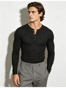 TONEVAULT Men's Ribbed Solid Color Button Half-Placket Long Sleeve T-Shirt - Black - View 5