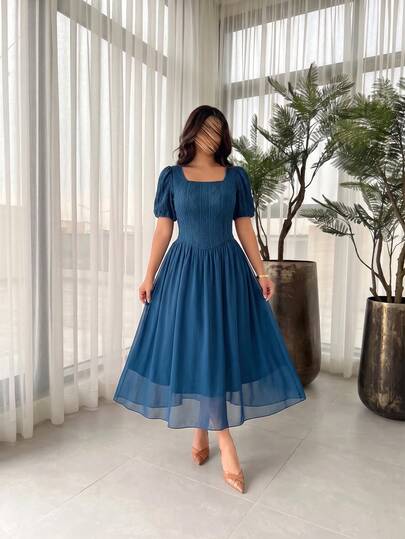 Modelyn Women's French Elegant Square Neck Petal Sleeve Textured Pleated Chiffon Patchwork Long Dress Plus Size