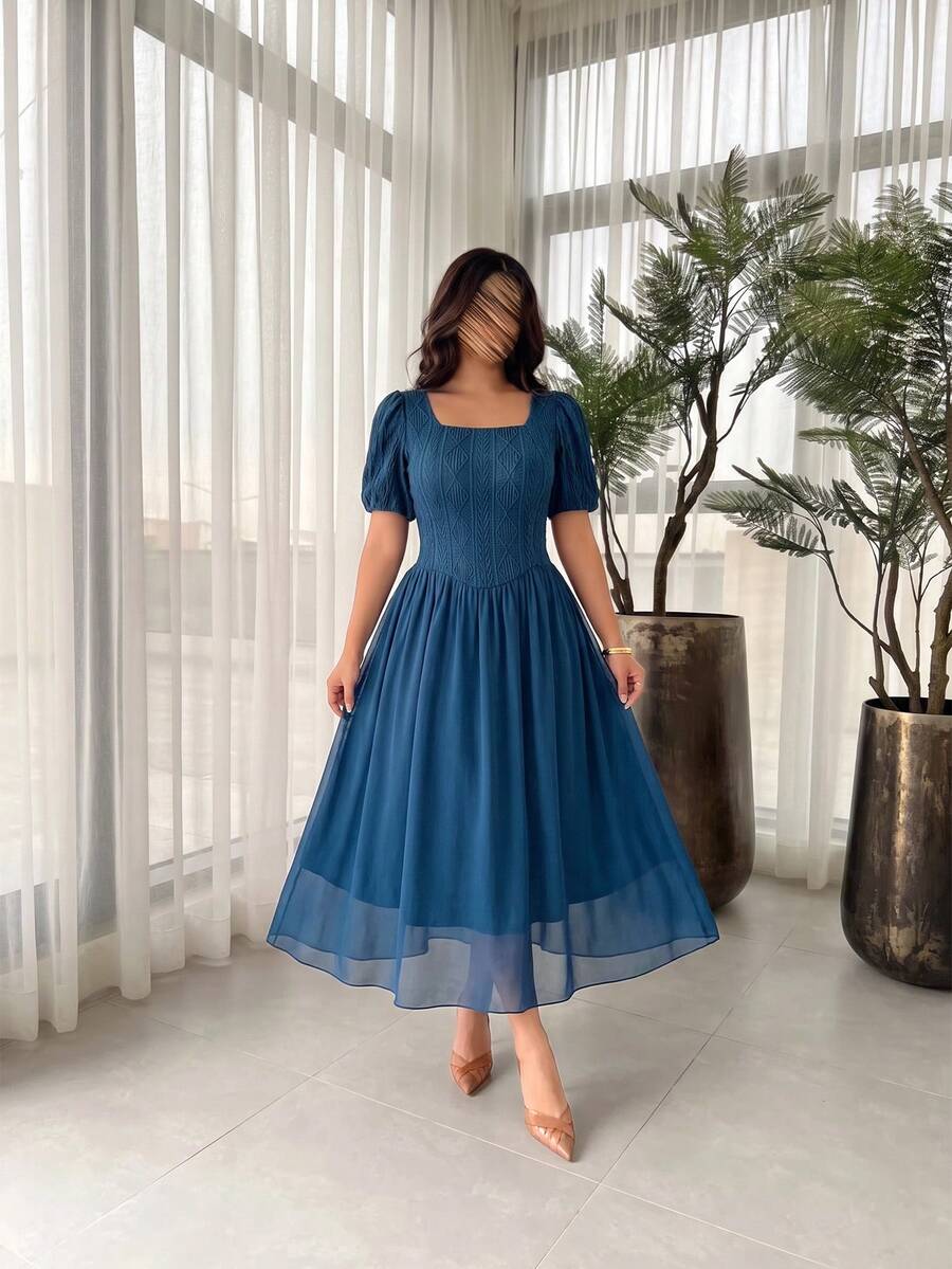 Modelyn Women's French Elegant Square Neck Petal Sleeve Textured Pleated Chiffon Patchwork Long Dress Plus Size - Teal Blue - View 1