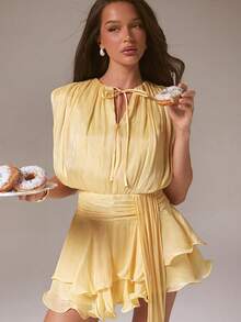 L'Amorae Women's Ruched Waist Tie Neck Sleeveless Mini Dress For Parties Silky, Elegant Vacation Wedding, Formal Dress, Chic, New Year, Party, Summer, Birthday - Yellow - View 1