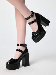 ROMWE Women Shoes Fashion Sexy Platform High Heels Shoes Punk Gothic Double Buckle Bow Party - Black - View 3