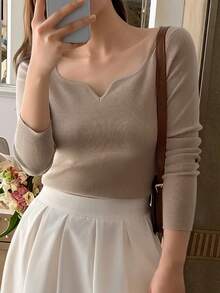 DAZY Women's Solid Color Elastic Ribbed Slim Fit Long Sleeve Pullover Knit Sweater, Casual Holiday Everyday Spring Autumn Top Vacation - Apricot - View 1