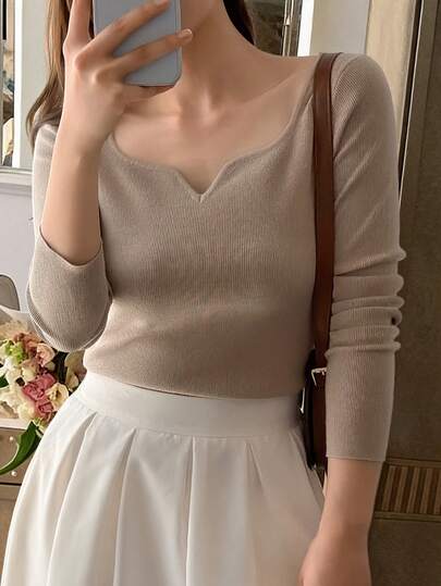 DAZY Women's Solid Color Elastic Ribbed Slim Fit Long Sleeve Pullover Knit Sweater, Casual Holiday Everyday Spring Autumn Top