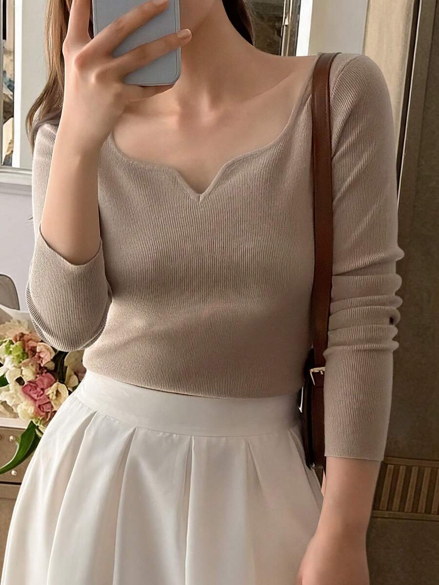 DAZY Women's Solid Color Elastic Ribbed Slim Fit Long Sleeve Pullover Knit Sweater, Casual Holiday Everyday Spring Autumn Top Vacation - Apricot - View 1