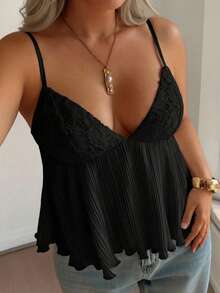 Dazy Plus Lace Patchwork Ruched Textured Fabric Fitted Camisole Vacation Style Casual Plus Size Women Spring Summer Black Tank Top - Black - View 1