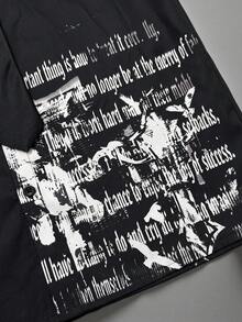 ROMWE MEN Street Life 哥德風印花短袖襯衫，春夏風格，附領帶 - 黑色 - 查看 5
