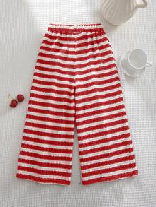SHEIN LMoss Kids 女童針織條紋休閒寬鬆直筒長褲 - 紅色 - 查看 4
