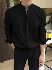 DAZY Men's Solid Color Long Sleeve Button-Up Shirt, Fall Business Attire - Black - View 3
