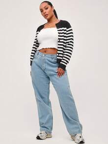 EMERY ROSE Plus Size Women's Striped Colorblock Casual Daily Cardigan Winter - Black and White - View 4
