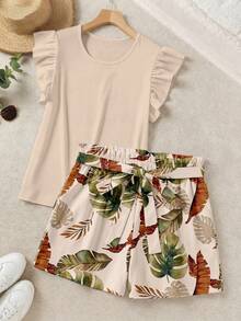 SHEIN LUNE Elegant Solid Color Ruffle Top And Printed Shorts 2 Pieces Set - Multicolor - View 1