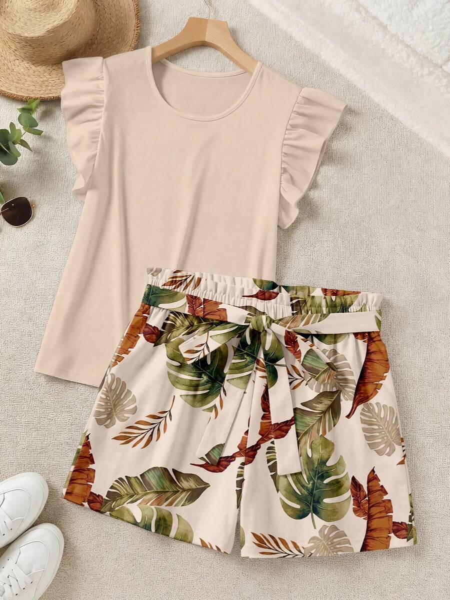 SHEIN LUNE Elegant Solid Color Ruffle Top And Printed Shorts 2 Pieces Set - Multicolor - View 1