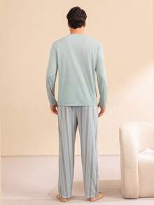 Manfinity Underwear&Sleepwear Basics 男士字母印花長袖上衣與長褲休閒居家服套裝 - 薄荷綠 - 查看 2