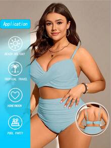 SHEIN Swim Curve 大码女式两件套纯色褶皱吊带背心式泳衣套装，度假装 - 淺藍色 - 查看 3