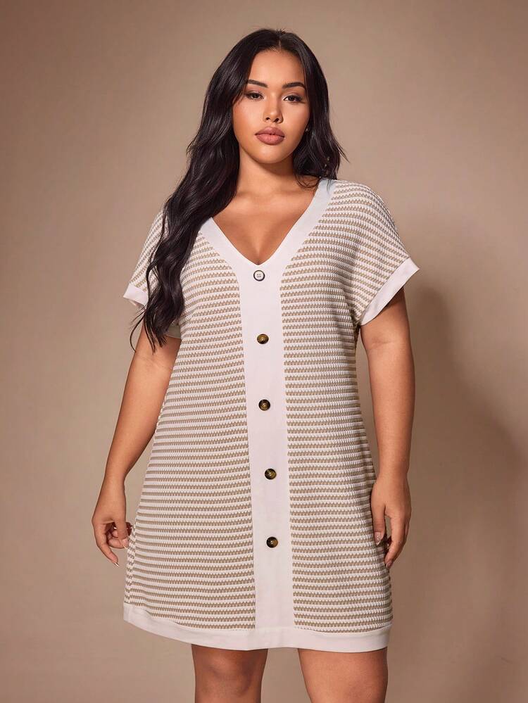 Lazeform Knitted Pineapple Jacquard Striped Colorblock Plus Size V-Neck Nightgown - Multicolor - View 1