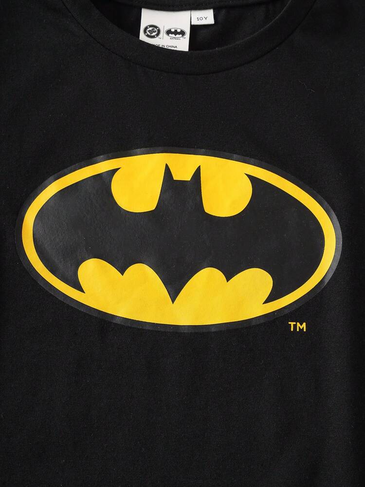 BATMAN X SHEIN 青少年男孩卡通印花圆领休闲短袖T恤 - 黑色 - 查看 4