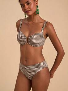 Travachic Plus Size Women's Summer Beach Plaid Pattern Cutout Neckline Bikini Bra And Swim Bottoms 2 Pieces Set Bathing Suits For Women - Brown - View 6