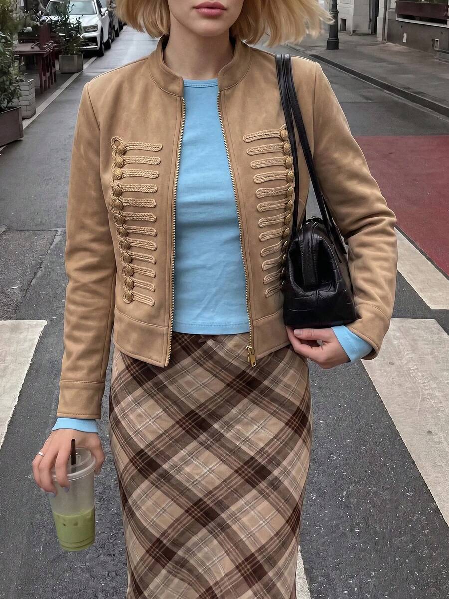 Struktiv 女款春夏純色立領休閒百搭日常旅行長袖外套 - 卡其色 - 查看 1