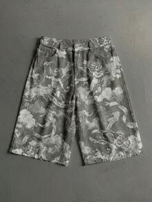 Vyqestra Streetwear Loose Washed Little Angel Ribbon Print 5-Inch Denim Shorts - Multicolor - View 1
