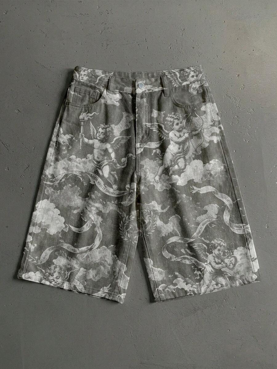 Vyqestra Streetwear Loose Washed Little Angel Ribbon Print 5-Inch Denim Shorts - Multicolor - View 1