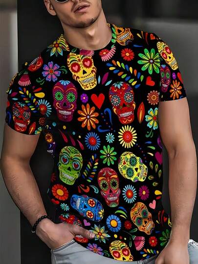 Manfinity Dauomo Camiseta de hombre con calavera colorida de Pascua, transpirable y de moda