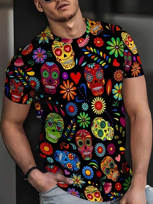 Manfinity Dauomo Oster-buntes Totenkopf Herren Mode Atmungsaktives T-Shirt