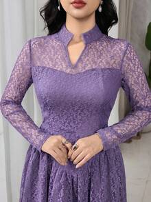 Feyla 女士V领蕾丝喇叭袖中长连衣裙 - 紫色 - 查看 7