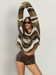 SHEIN ICON Women's Olive Green Dropped Shoulder Long Sleeve Distressed Knit Sweater Everyday Going Out Holiday Autumn Grunge Streetwear - Multicolor - View 9
