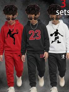 SHEIN 6件/套 青少年男孩休閒寬鬆字母印花圓領連帽長袖上衣與運動長褲兩件套，適合通勤、上學、日常休閒穿著、運動，秋冬返校季 - 彩色 - 查看 5
