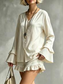 SHEIN Women's Streetwear Boho Fashion Casual Beige Textured Fabric Round Neck Button Bell Sleeve Shirt Elastic Waist Ruffle Shorts Two Pieces Set Autumn - Apricot - View 6