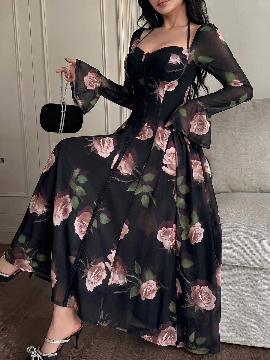 Feyla 女款花卉印花優雅收腰派對中長洋裝