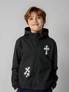 SHEIN 兒童青少年男孩休閒日常百搭舒適字母印花圖案連帽寬鬆長袖輕量梭織秋季外套街頭風 - 彩色 - 查看 2