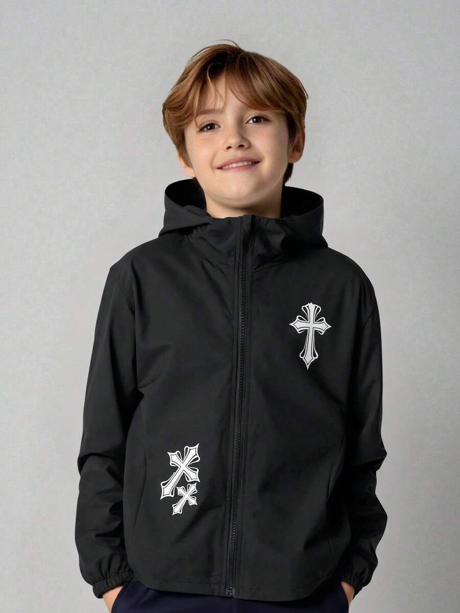 SHEIN Kids Tween Boy Casual Everyday Versatile Comfortable Letter Print Pattern Hooded Loose Long Sleeve Lightweight Woven Autumn Jacket Graphic Street - Multicolor - View 1