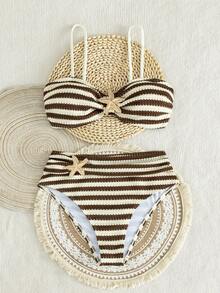 SHEIN Swim Women's Textured Striped Fabric Front Metal Decor 2 Pieces Swimwear Set, Summer Beach Party Vacation Style Swimwear - Multicolor - View 7