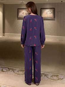 DAZY Ensemble de pyjama 2 pièces pour femmes avec Top à manches longues imprimé floral & pantalon long à jambes droites - Prune - Voir 2