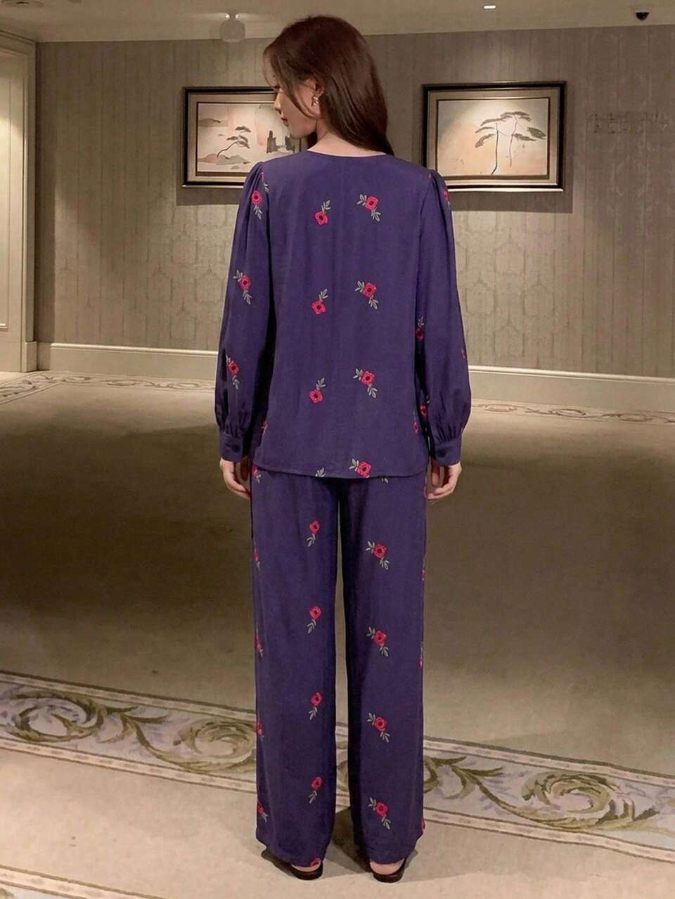 Floral Print Long Sleeve Top & Straight Leg Long Pants 2-Piece Women's Pajama Set Fall
