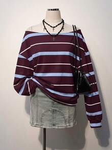 Attitoon Sudadera de mujer con bloques de color y rayas, hombros descubiertos - Multicolor - Ver 1