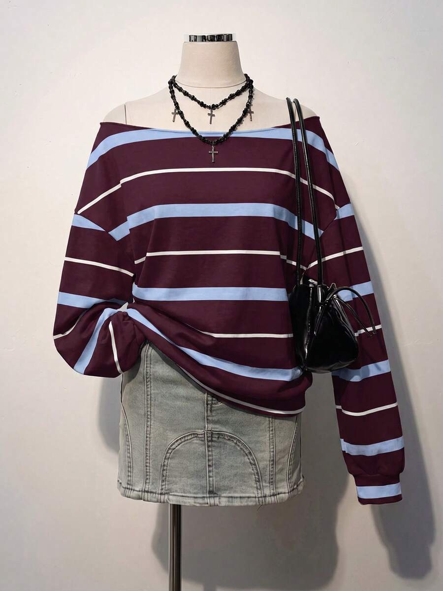 Attitoon Sudadera de mujer con bloques de color y rayas, hombros descubiertos - Multicolor - Ver 1