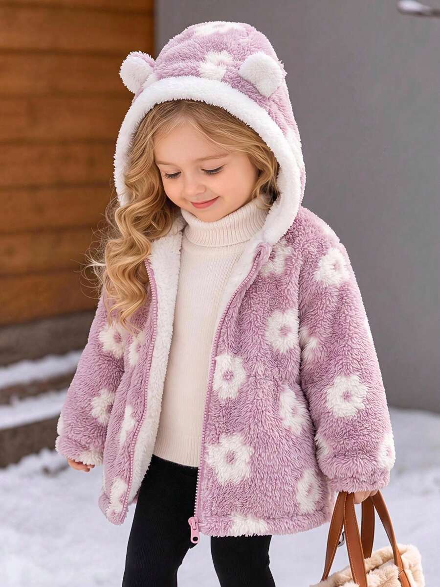 SHEIN 女嬰可愛百搭秋冬休閒花卉印花長袖連帽外套 - 卡其色 - 查看 1