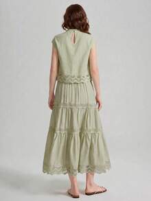 Ontre Women's Lace Patchwork Fashion Hollow Pleated Round Neck Top Sweet - Green - View 2