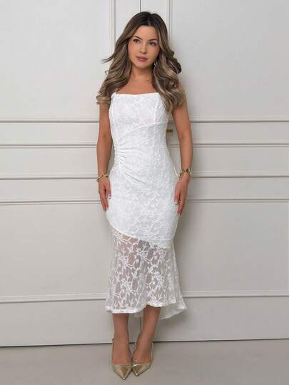 Jemour Women White Summer Elegant Graduation Sleeveless Asymmetrical Hem Ruched Side Flocked Cami Dress, Long Bodycon Formal Party Wedding Guest Dress