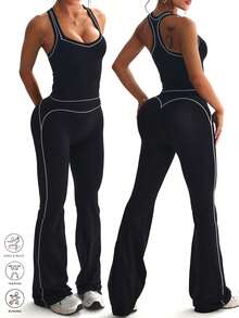 StreetHx Women's Seamless Black Tight Fit Sports 2 Pieces Set Tank Top & Flare Pants - Black and White - View 3