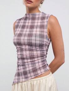 COUREZ Asymmetric Mesh Sheer Check Top Y2K 2000s Streetwear Going Out Day Time Everyday Rave Outfits Summer Grey Plaid Fall Women Back-To-School - Multicolor - View 5