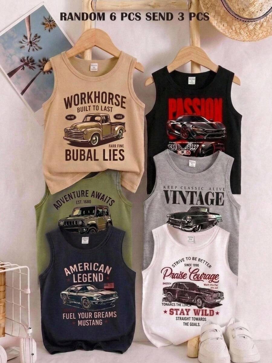 3pcs Young Boy Multi-Color Casual Cartoon Car Pattern Tank Tops, Multi-Pack Suitable For Summer Sports, Outings And Vacations - Multicolor - View 1